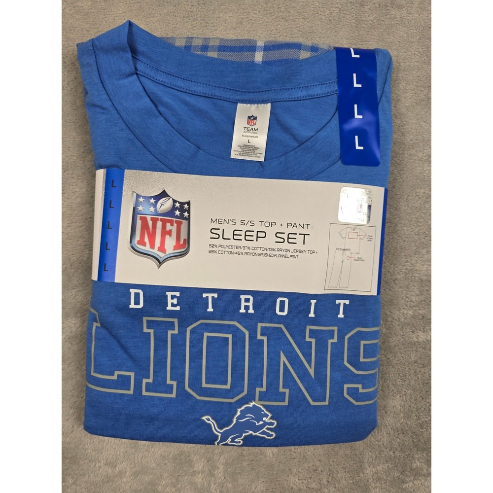Detroit Lions Sleep Set Mens Large Blue Plaid Flannel Pants Jersey Tee Shirt